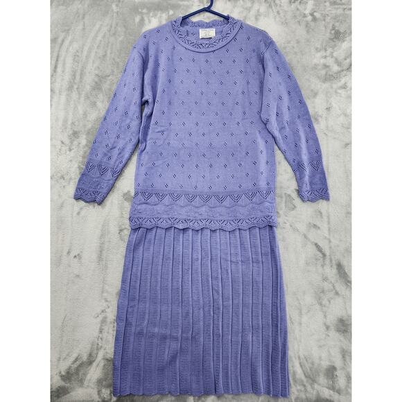 Vintage 80s College Point Pointelle Knit Sweater Pleated Skirt Set Size M Purple - Picture 1 of 10